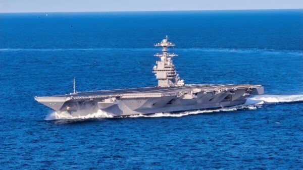 ATLANTIC OCEAN (Oct. 29, 2019) USS Gerald R. Ford (CVN 78) conducts high-speed turns in the Atlantic Ocean. Ford is at sea conducting sea trials following the in port portion of its 15 month post-shakedown availability. (U.S. Navy photo by Mass Communication Specialist 3rd Class Connor Loessin)