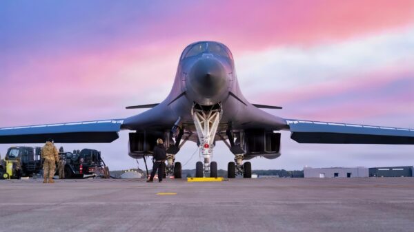A U.S. Air Force B-1B Lancer gets hot pit refueled before its return to Dyess Air Force Base, Texas, at Misawa Air Base, Japan, Nov. 17, 2025, concluding a bomber task force deployment. BTF operations employ U.S. strategic bombers globally, deter adversaries, assure allies and partners, strengthen interoperability and maintain readiness and global strike capability. (U.S. Air Force photo by Senior Airman Emma Anderson)