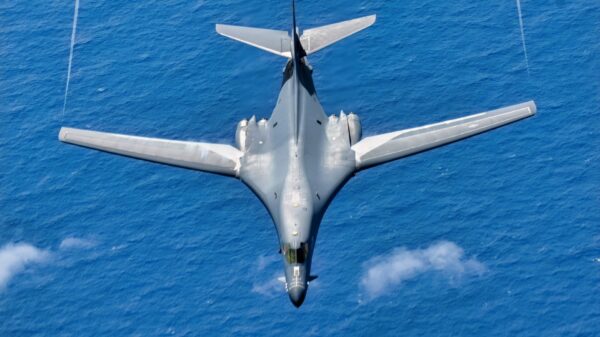 A U.S. Air Force B-1B Lancer assigned to the 34th Expeditionary Bomb Squadron, Ellsworth Air Force Base, S.D., descends after conducting aerial refueling with a KC-135 Stratotanker assigned to the 506th Expeditionary Air Refueling Squadron in support of Bomber Task Force 25-1 over the Pacific Ocean, Mar. 4, 2025. Bomber Task Force enhances readiness, to include joint and multilateral, to respond to any potential crisis or challenge in the Indo-Pacific. (U.S. Air Force photo by Airman 1st Class Alec Carlberg)