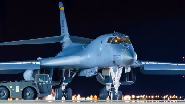 Aircrew piloting a B-1B Lancer prepare to park at Ellsworth Air Force Base, S.D., April 30, 2020. A pair of B-1s flew from the continental United States and conducted operations over the South China Sea as part of a joint U.S. Indo-Pacific Command and U.S. Strategic Command Bomber Task Force mission. (U.S. Air Force photo by Tech. Sgt. Jette Carr)