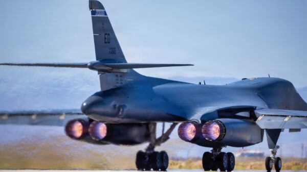 A B-1B Lancer departs for a test mission at Edwards Air Force Base, California on September 11, 2025. The supersonic multi-mission heavy bomber continues developmental testing with the 419th Flight Test Squadron to increase lethality across several domains. The aircraft is helping bridge advanced capability for Global Strike Command ahead of the B-21 Raider's arrival. The 412th Test Wing at Edwards is the only installation to host all four USAF bomber aircraft. (U.S. Air Force photo by Todd Schannuth)