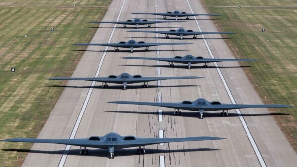 B-2 Spirit stealth bombers assigned to Whiteman Air Force Base taxi and take-off during exercise Spirit Vigilance on Whiteman Air Force Base on November 7th, 2022. Routine exercises like Spirit Vigilance assure our allies and partners that Whiteman Air Force Base is ready to execute nuclear operations and global strike anytime, anywhere. (U.S. Air Force photo by Airman 1st Class Bryson Britt)