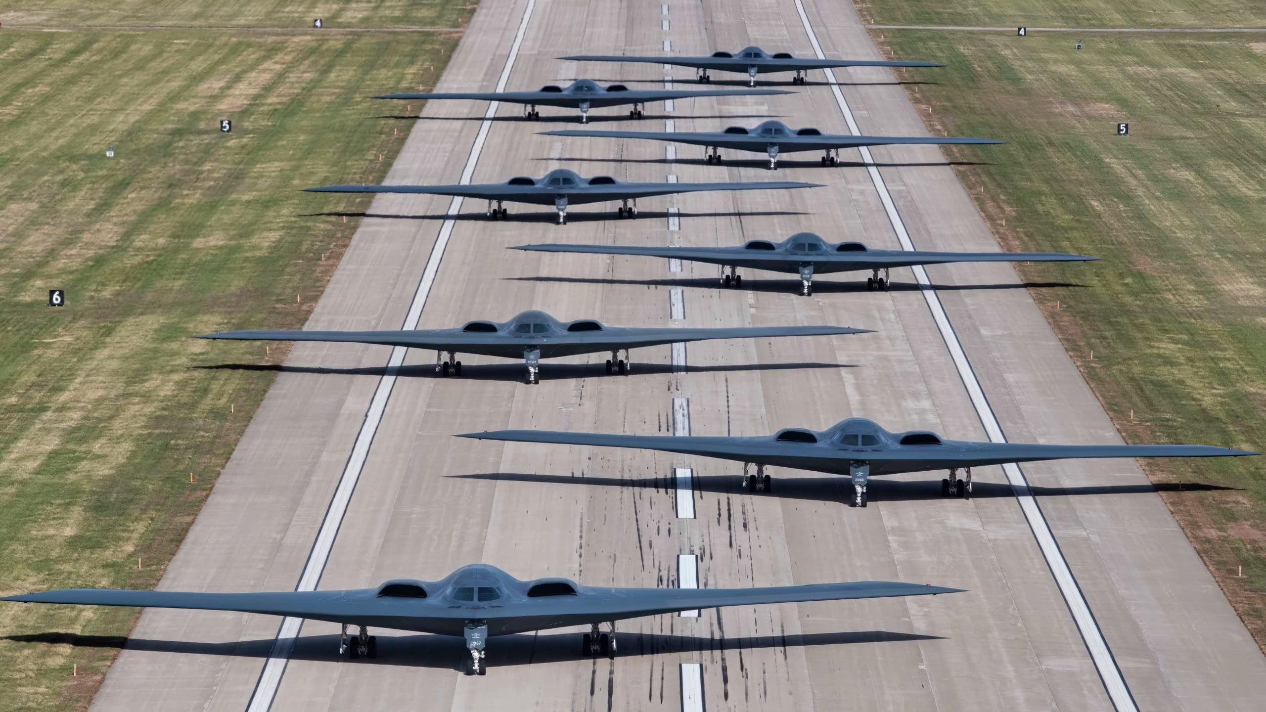 B-2 Spirit stealth bombers assigned to Whiteman Air Force Base taxi and take-off during exercise Spirit Vigilance on Whiteman Air Force Base on November 7th, 2022. Routine exercises like Spirit Vigilance assure our allies and partners that Whiteman Air Force Base is ready to execute nuclear operations and global strike anytime, anywhere. (U.S. Air Force photo by Airman 1st Class Bryson Britt)