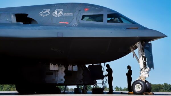 A U.S. Air Force pilots assigned to the 393rd Bomb Squadron prepare a B-2 Spirit aircraft for hot-pit refueling at Pease Air National Guard Base, New Hampshire, Sept. 20, 2025. The aircraft is the first operated by the 509th Bomb Wing to land at Pease ANGB, formerly Pease Air Force Base, since the 509 BW, formerly 509th Bombardment Wing, was stationed at Pease AFB and the active-duty base closed nearly 35 years ago. The lineage of the 509th BW traces back to the World War II Era when the 509th Composite Group dropped the atomic bombs on Japan. (U.S. Air Force photo by Staff Sgt. Joshua Hastings)