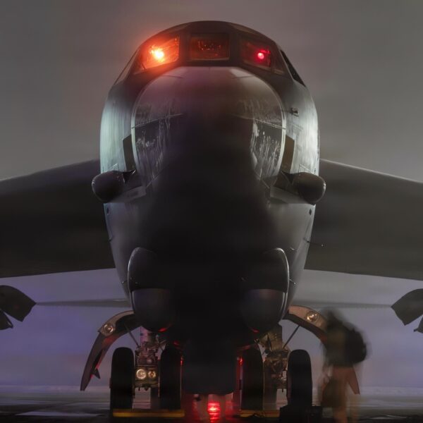 Aircrew members board a B-52H Stratofortress prior to taking off in support of Operation Epic Fury, March 4, 2026. (U.S. Air Force photo)