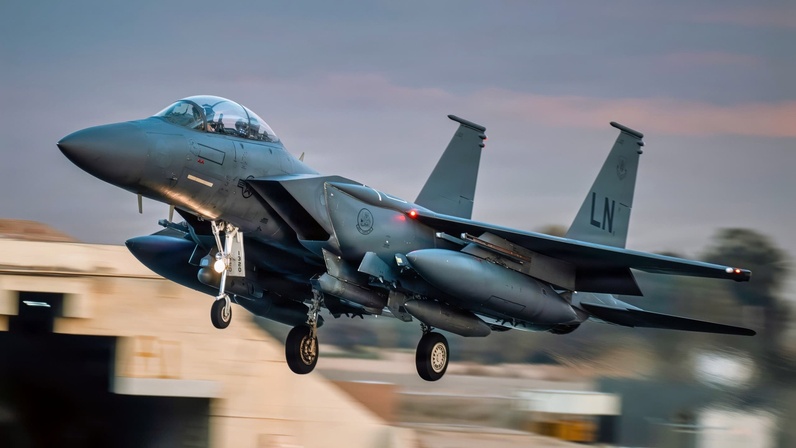 A U.S. Air Force F-15E Strike Eagle aircraft prepares to land at a base in the Middle East, Jan. 18, 2026. The U.S. maintains a highly agile fighting force, leveraging the most advanced capabilities to support the long-term security and stability of the region. (U.S. Air Force photo by Senior Airman Jonah Bliss)