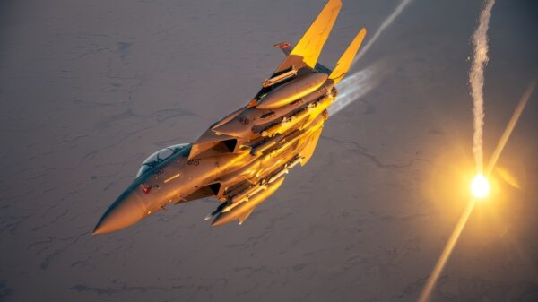A U.S. Air Force F-15E Strike Eagle performs a flare check over the U.S. Central Command area of responsibility, March 9, 2025. The F-15E is deployed within the CENTCOM AOR to help defend U.S. interests, promote regional security, and deter aggression in the region. (U.S. Air Force photo by Senior Airman Zachary Willis)