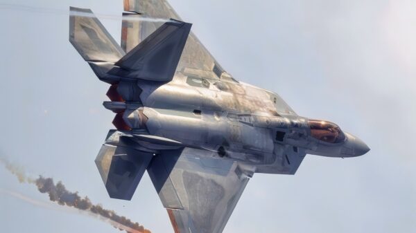 An F-22 Raptor releases flares during an aerial demonstration at Naval Air Station Oceana, Virginia, Sept. 21, 2025. The display highlights the aircraft’s defensive systems and advanced capabilities, demonstrating both its agility and readiness in complex flight operations. (U.S. Air Force photo by Staff Sgt. Lauren Cobin)