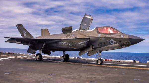 A U.S. Marine Corps F-35B Lightning II assigned to Marine Fighter Attack Squadron (VMFA) 121, 31st Marine Expeditionary Unit, takes off during a joint service flyover in the Philippine Sea, Feb. 26, 2026. Aircraft participated in a coordinated event to demonstrate joint service readiness and maritime capabilities. The 31st MEU is a persistent, combat credible force operating aboard the ships of the Tripoli Amphibious Ready Group in the U.S. 7th fleet area of operations, routinely interacting and operating with our allies and partners to contribute to deterrence, security, crisis response, and combat operations in the Indo-Pacific region. (U.S. Marine Corps photo by Lance Cpl. Victor Gurrola)