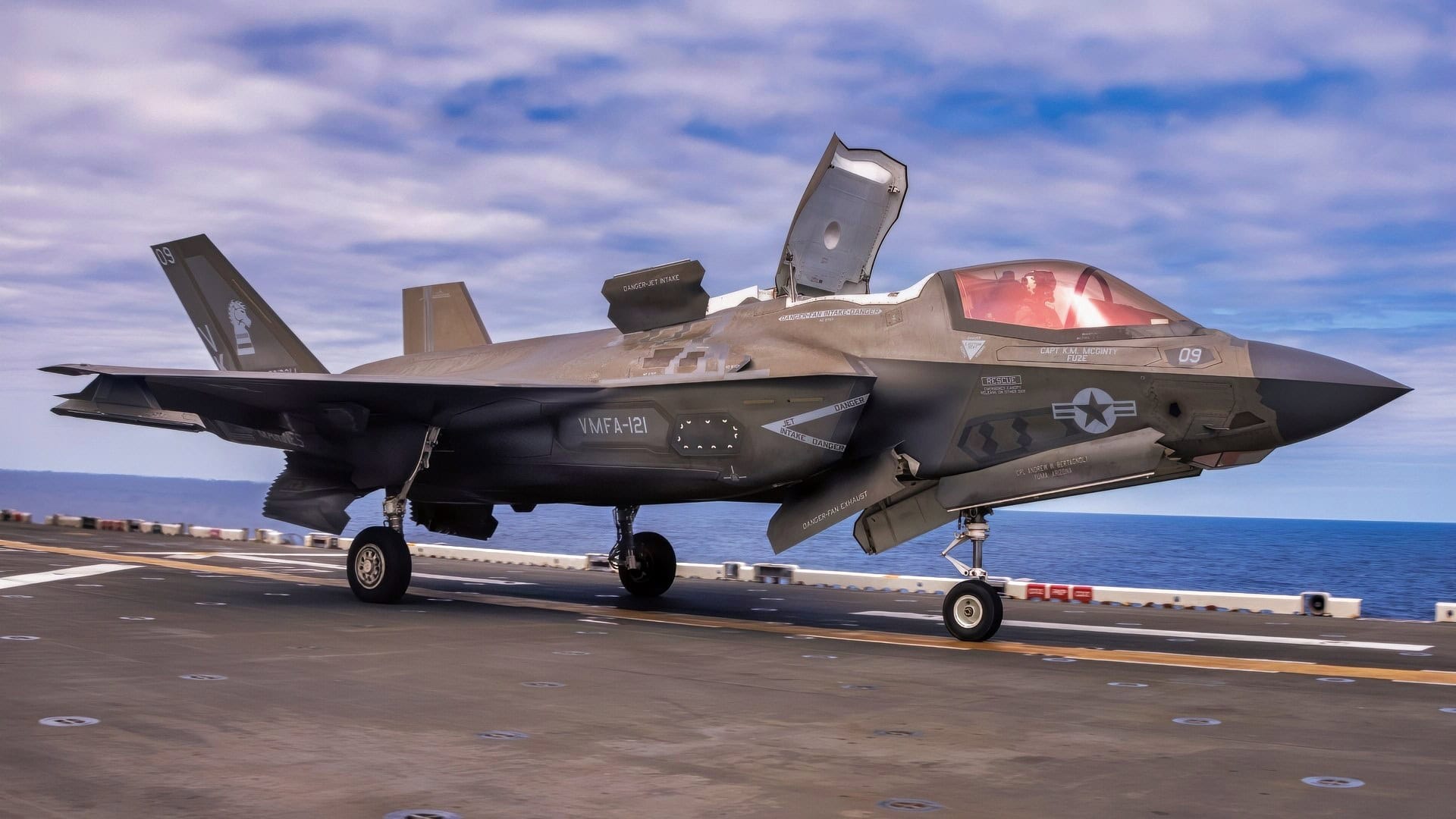 A U.S. Marine Corps F-35B Lightning II assigned to Marine Fighter Attack Squadron (VMFA) 121, 31st Marine Expeditionary Unit, takes off during a joint service flyover in the Philippine Sea, Feb. 26, 2026. Aircraft participated in a coordinated event to demonstrate joint service readiness and maritime capabilities. The 31st MEU is a persistent, combat credible force operating aboard the ships of the Tripoli Amphibious Ready Group in the U.S. 7th fleet area of operations, routinely interacting and operating with our allies and partners to contribute to deterrence, security, crisis response, and combat operations in the Indo-Pacific region. (U.S. Marine Corps photo by Lance Cpl. Victor Gurrola)
