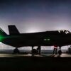 A U.S. Air Force F-35A Lightning II assigned to the 95th Fighter Squadron is parked on the flightline during exercise Noble Panther 26-4 at Tyndall Air Force Base, Florida, March 9, 2026. Airmen participated in night sorties, requiring them to perform their tasks in low-light conditions while staying watch for potential simulated attacks. These high-intensity, realistic scenarios were designed to build the confidence and muscle memory required for combat operations. (U.S. Air Force photo by Senior Airman Zeeshan Naeem)