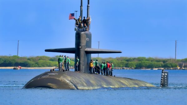 POLARIS POINT, Guam (May 7, 2013) The Los Angeles-class attack submarine USS Albuquerque (SSN 706) arrives in Apra Harbor, Guam, to conduct maintenance and liberty. Albuquerque is conducting operations in the U.S. 7th Fleet area of responsibility. (U.S. Navy photo by Mass Communication Specialist 1st Class Jeffrey Jay Price/Released)