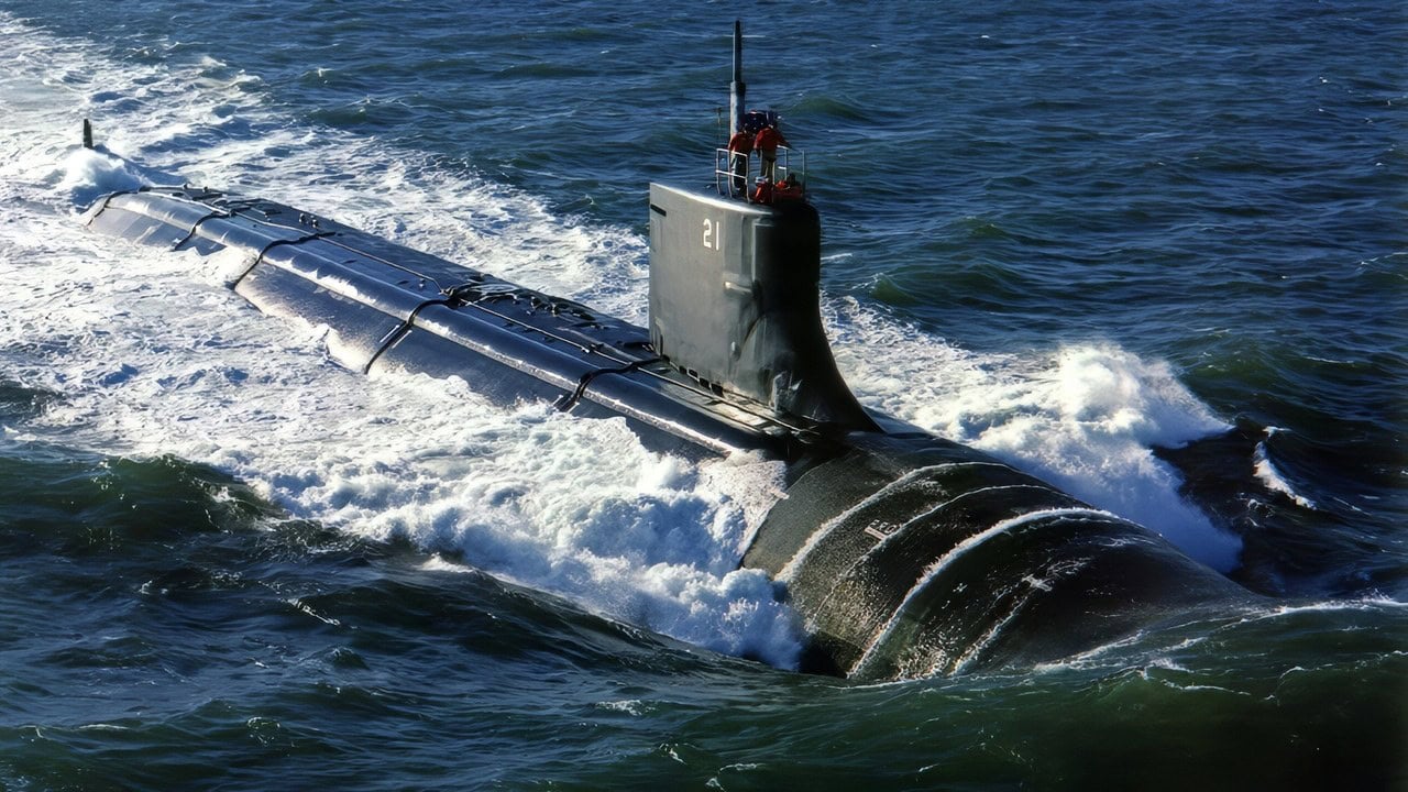 The nation's newest and most advanced attack submarine Seawolf (SSN 21) puts to sea in the Narragansett Bay operating area for her first at-sea trial operations on July 3, 1996. Sea trials include various tests of the Seawolf propulsion systems and the first underway submergence of the submarine. The Seawolf represents the Navy's most advanced quieting technology, weaponry, tactical capability and communications. Seawolf is scheduled to be delivered to the Navy and commissioned this fall. U.S. Navy photo courtesy of General Dynamics.
