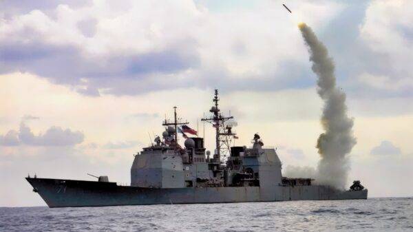 ABOARD USS CAPE ST. GEORGE (CG 71) AT SEA -- A Tomahawk cruise missile launches from USS Cape St. George, operating in the eastern Mediterranean Sea in support of Operation Iraqi Freedom. (Photo by IS1 Kenneth Moll, USS Cape St. George) (Released by Sixth Fleet Public Affairs)