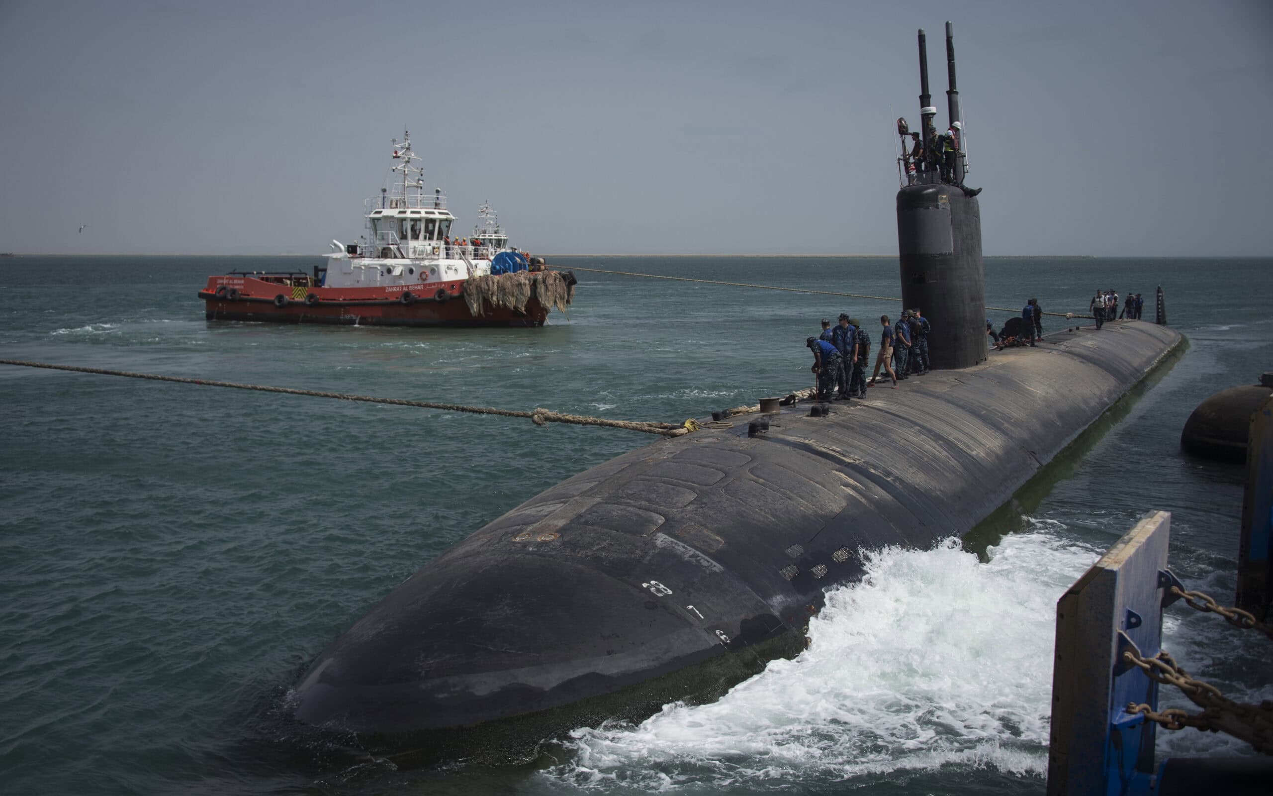 The attack submarine USS Boise (SSN 764) departs after a scheduled port visit in Duqm, Oman, Aug. 18, 2014. The Boise was the first nuclear vessel to conduct a port visit in Oman since 1996 and was the precursor to future nuclear-powered vessels conducting port calls in Oman. (U.S. Navy photo by Mass Communication Specialist 2nd Class Daniel M. Young/Not Released)