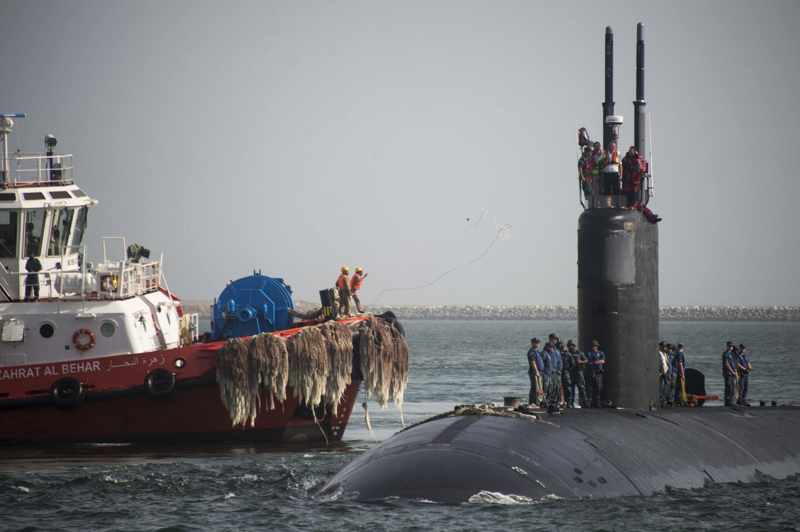 The Los Angeles-class attack submarine USS Boise (SSN 764) pulls into port in Duqm, Oman. Boise is the first nuclear vessel to conduct a port visit in Oman since 1996 and it will be the precursor to future nuclear powered vessels conducting port calls in Oman. (U.S. Navy photo by Mass Communication Specialist 2nd Class Daniel M. Young/Not Reviewed)