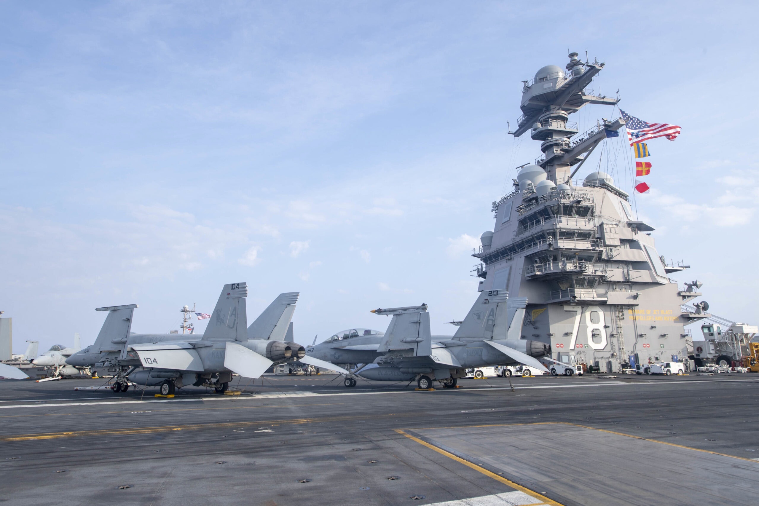The Ford-class aircraft carrier USS Gerald R. Ford (CVN 78) and the Nimitz-class aircraft carrier USS Harry S. Truman (CVN 75) transit the Atlantic Ocean June 4, 2020, marking the first time a Ford-class and a Nimitz-class aircraft carrier operated together underway. Ford is underway conducting integrated air wing operations, and the Harry S. Truman Carrier Strike Group remains at sea in the Atlantic as a certified carrier strike group force ready for tasking in order to protect the crew from the risks posed by COVID-19, following their successful deployment to the U.S. 5th and 6th Fleet areas of operation. (U.S. Navy photo by Mass Communication Specialist Seaman Sawyer Connally)