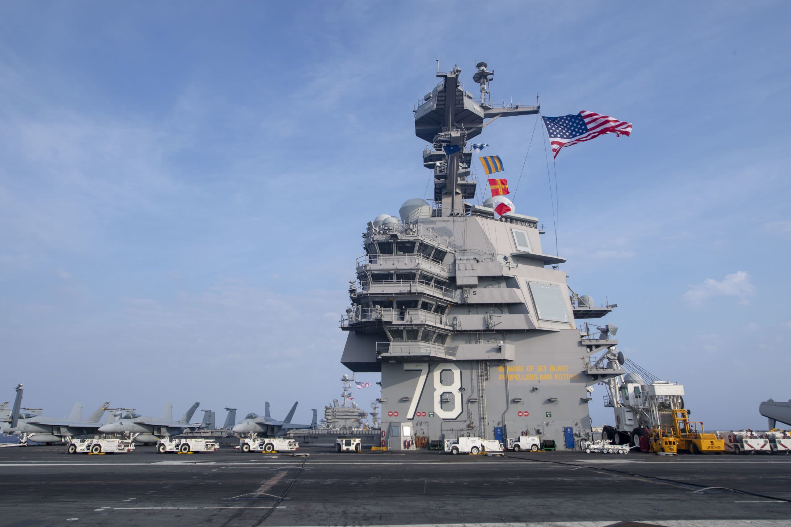 The Ford-class aircraft carrier USS Gerald R. Ford (CVN 78) and the Nimitz-class aircraft carrier USS Harry S. Truman (CVN 75) transit the Atlantic Ocean June 4, 2020, marking the first time a Ford-class and a Nimitz-class aircraft carrier operated together underway. Ford is underway conducting integrated air wing operations, and the Harry S. Truman Carrier Strike Group remains at sea in the Atlantic as a certified carrier strike group force ready for tasking in order to protect the crew from the risks posed by COVID-19, following their successful deployment to the U.S. 5th and 6th Fleet areas of operation. (U.S. Navy photo by Mass Communication Specialist Seaman Sawyer Connally)
