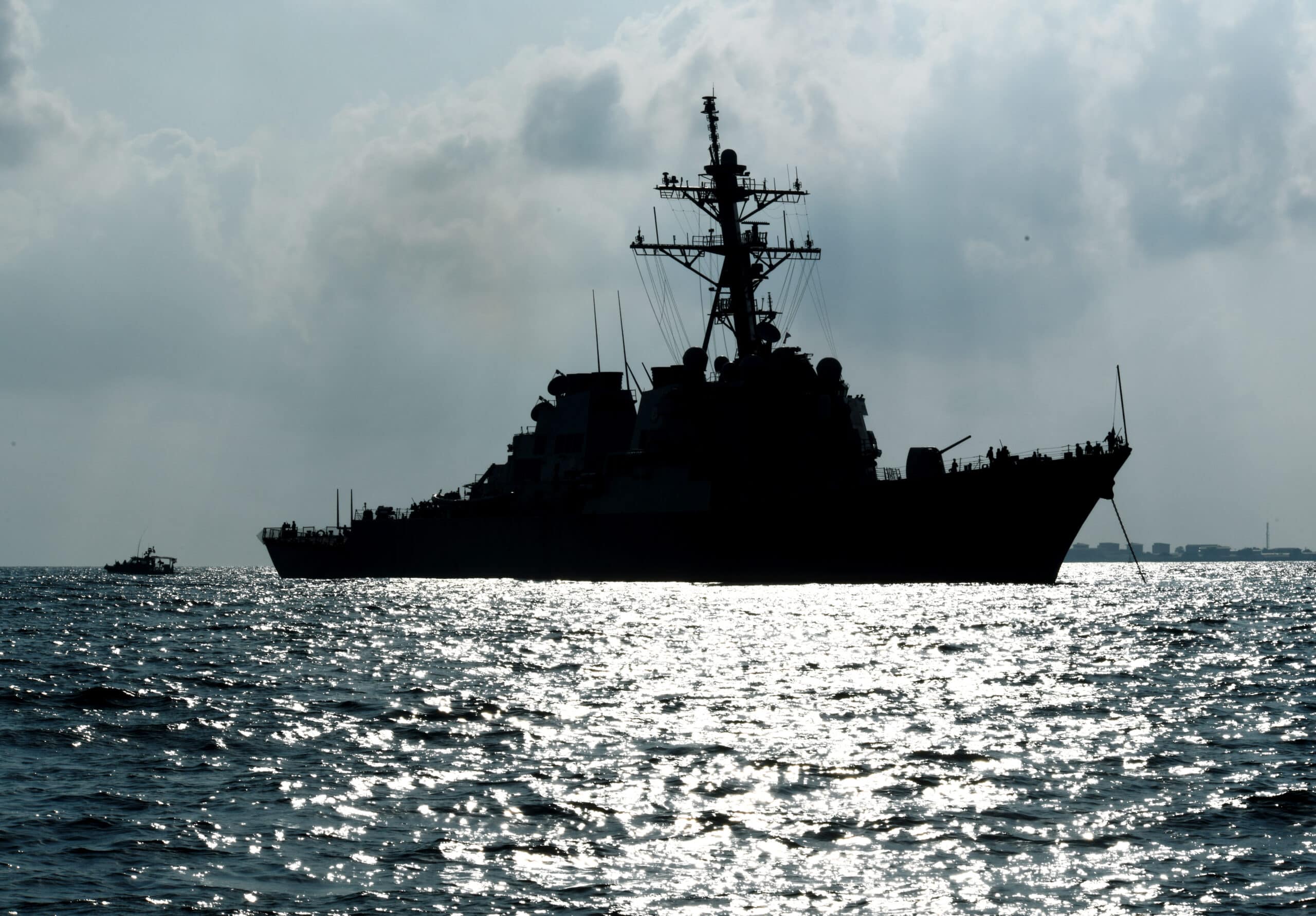 GULF OF TADJOURA (Mar. 13, 2021) USS Laboon (DDG 58), an Arleigh Burke class guided missile destroyer, is anchored in the Gulf of Tadjoura while Camp Lemonnier's Expeditionary Medical Facility (EMF) team embarked the ship to<br />
