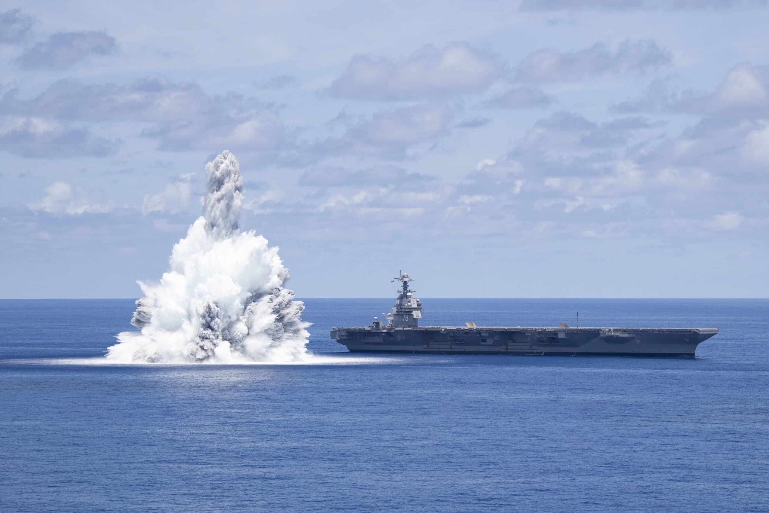 USS Gerald R. Ford (CVN 78) successfully completed the second of three scheduled explosive events for Full Ship Shock Trials (FSST), July 16, 2021. The shock trials are designed to demonstrate the ship’s ability to withstand the effects of nearby underwater explosion and retain required capability. Ford is underway in the Atlantic Ocean for required inspections and preparation for the third FSST explosive event, scheduled for later this month. (U.S. Navy Photo by Mass Communications Specialist Seaman Jackson Adkins)