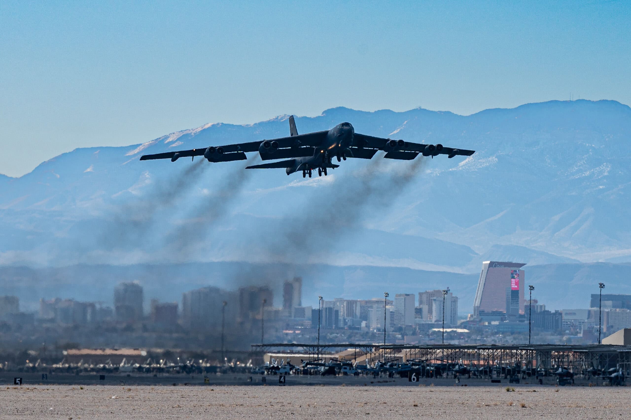A B-52 Stratofortress from the 2nd Bomb Wing at Barksdale Air Force Base takes off for a Red Flag 23-1 Mission at Nellis Air Force Base, Nevada, Jan. 23, 2022. With approximately 2,200 targets, realistic threat systems and an opposing enemy enemy force that cannot be replicated anywhere else in the world, Nellis and the NTTR enable combat air forces to train to fly, fight and win.(U.S. Air Force photo by Airman 1st Class Trevor Bell)