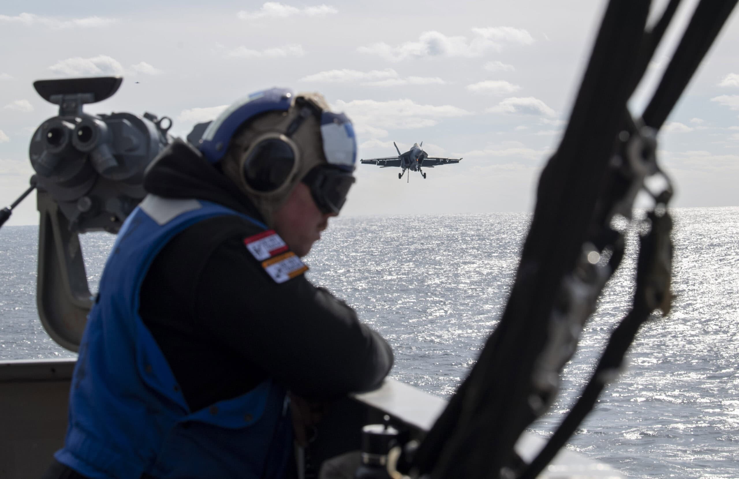 ATLANTIC OCEAN, (Feb. 15, 2024) An F/A-18E Super Hornet, attached to the “Pukin Dogs” of Strike Fighter Squadron (VFA) 210 returns to flight deck of the Nimitz-class aircraft carrier USS Harry S. Truman (CVN 75). Truman is the flagship of the Harry S. Truman Carrier Strike Group and is currently underway conducting flight deck certification as part of the basic phase.(U.S. Navy photo by Mass Communication Specialist Seaman Natalia Thoen)