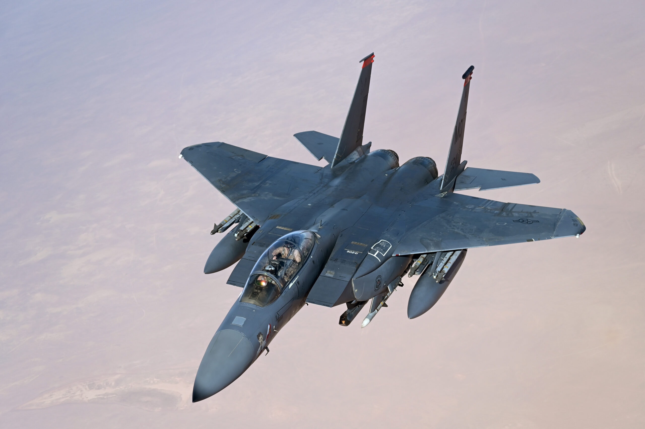 A U.S. Air Force F-15E Strike Eagle conducts a combat air patrol in support of Operation Inherent Resolve over the U.S. Central Command area of responsibility Nov. 23, 2024. F-15Es conduct missions within the AOR to compete strategically and deter Iran and its proxies. (U.S. Air Force photo)