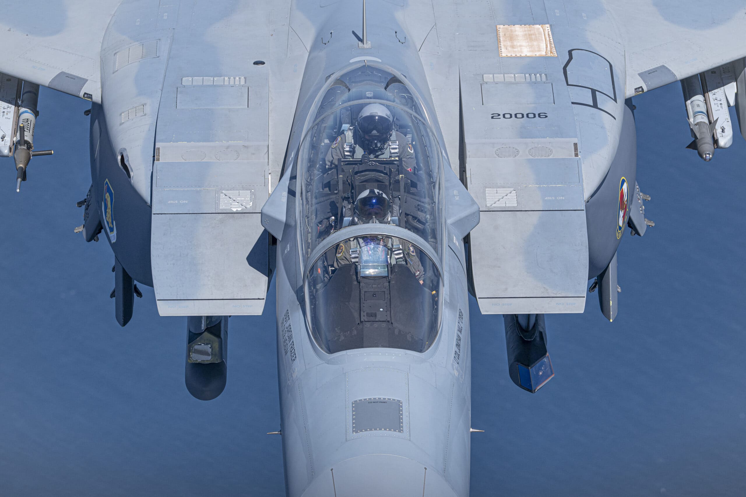 A U.S. Air Force F-15EX Eagle II flies over the Gulf of America, September 16, 2025. The F-15EX, from the 40th Flight Test Squadron at Eglin Air Force Base, Florida, is one of the first F-15EXs in the Air Force, and is going through developmental and operational test series at Eglin to confirm its operational capabilities before it is delivered to the combat Air Force.  (U.S. Air Force photo by Tech Sgt. Jacob Stephens)
