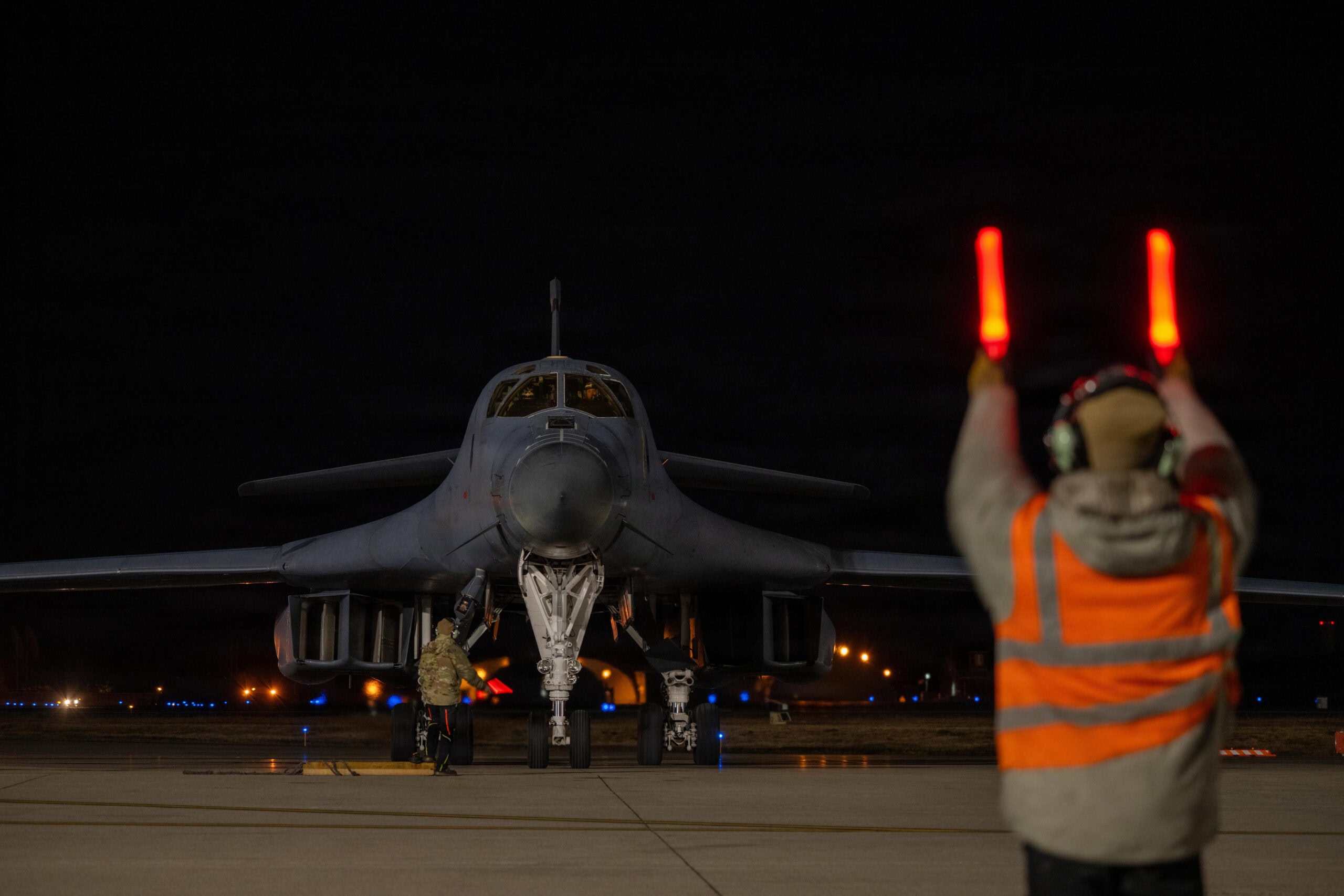 A U.S. Air Force B-1B Lancer assigned to the 9th Expeditionary Bomb Squadron taxis after a bomber task force mission at Misawa Air Base, Japan, Nov. 7, 2025. BTF deployments present opportunities for personnel to train with Allies and partners to demonstrate interoperability and build lasting friendships. (U.S. Air Force photo by Airman 1st Class Adrien Tran)