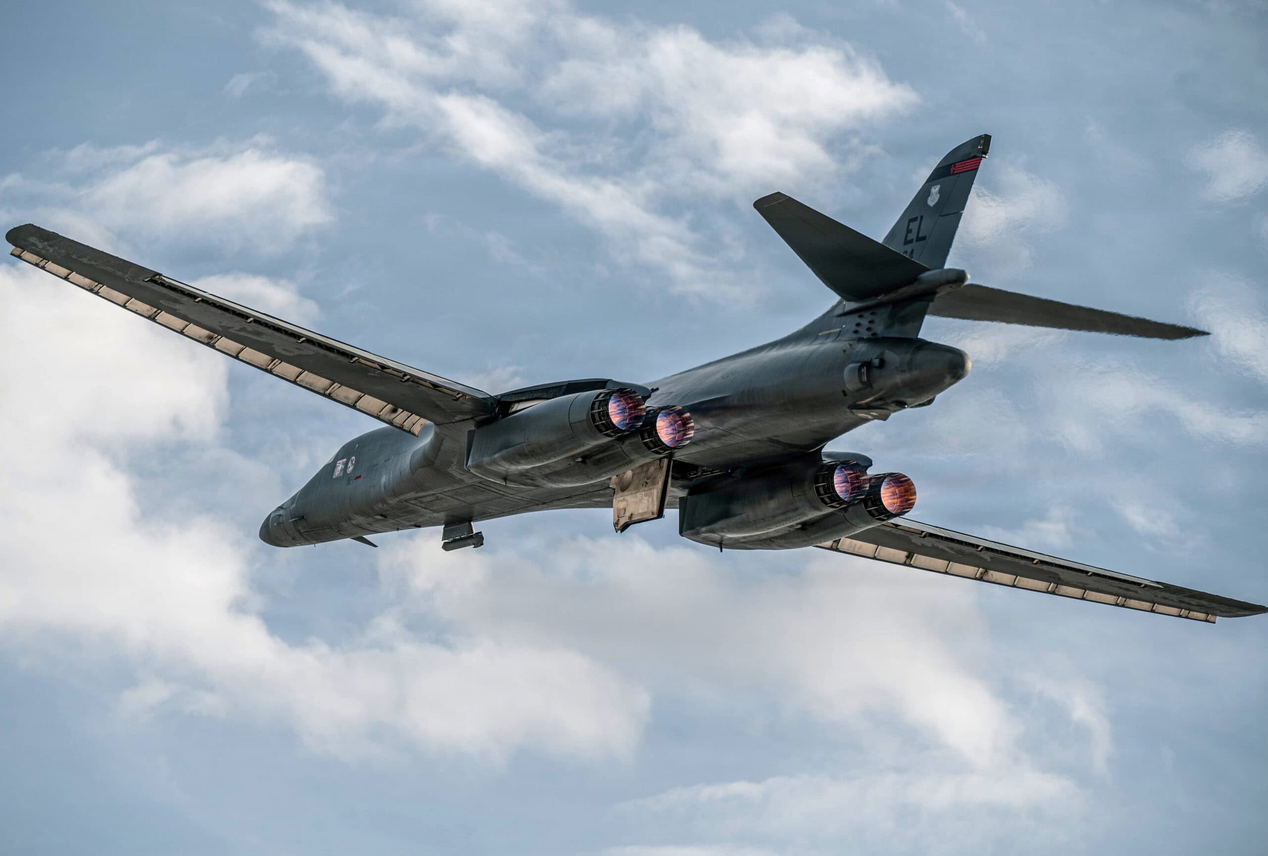 A U.S. Air Force B-1B Lancer assigned to the 28th Bomb Wing takes off in support of a U.S. Air Force Weapons School Integration mission at Nellis Air Force Base, Nevada, Nov. 18, 2025. The mission contributed to the Air Force’s efforts to maintain a ready and agile bomber force providing students with experience coordinating large-scale air operations across dispersed locations. (U.S. Air Force photo by Senior Airman Lauren Clevenger)