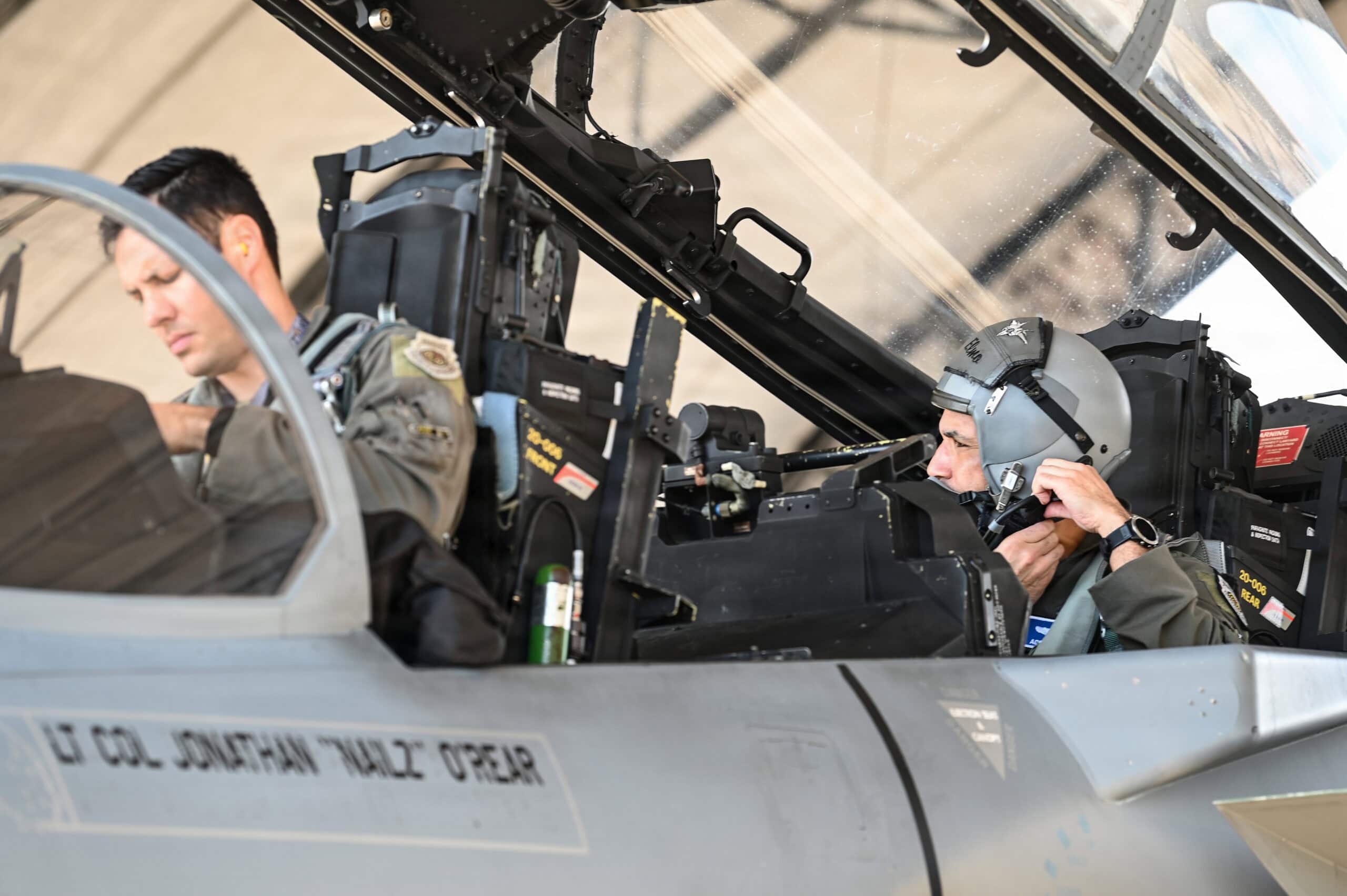 Gen. Adrian Spain, commander of Air Combat Command, right, dons a flight helmet alongside, Lt. Col. Aaron Eshkenazi, F-15EX Test Director for the 84th Test and Evaluation Squadron, before a flight at Eglin Air Force Base, Florida, March 9, 2026. As of Fiscal Year 2026, the U.S. Air Force’s current fleet of 98 F-15EX’s is slated to grow to 129. (U.S. Air Force photo by Senior Airman Christian Conrad)