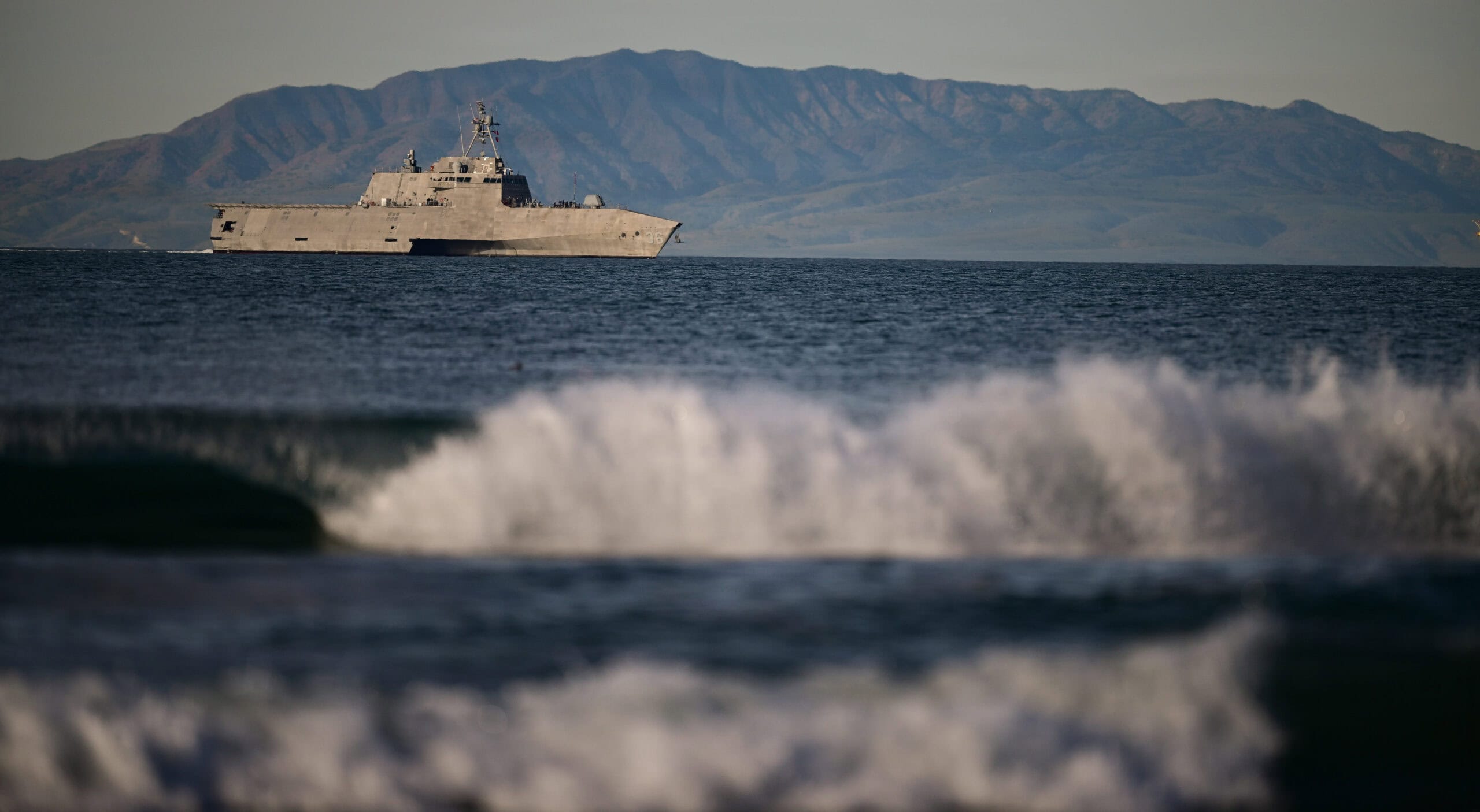 USS Kingsville (LCS 36) sails past Santa Cruz Island recently on its way to Naval Surface Warfare Center, Port Hueneme Division (NSWC PHD) in California. The Independence-variant littoral combat ship paid its first visit to NSWC PHD for a Combat Systems Assessment Team event, which helps ensure mission readiness. (U.S. Navy photo by Dana Rene White)