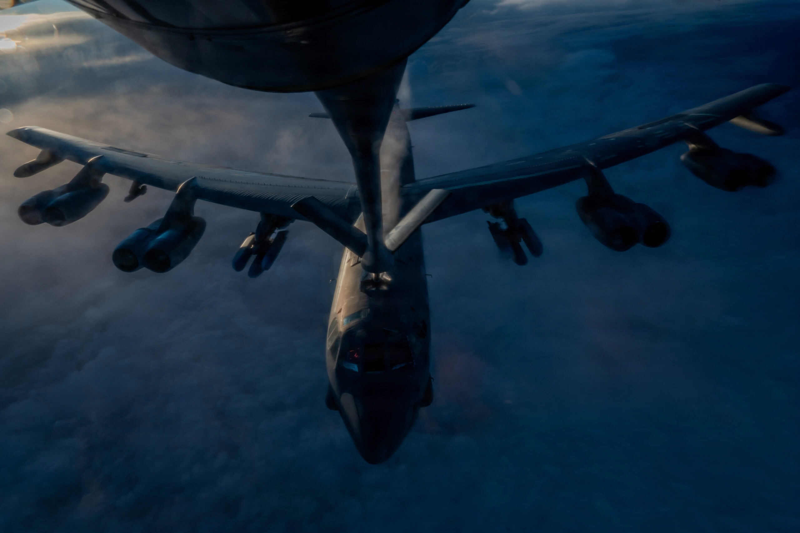 A U.S. Air Force KC-135 Stratotanker aircraft refuels a B-52H Stratofortress aircraft during Operation Epic Fury over the U.S. Central Command area of responsibility, March 20, 2026. (U.S. Air Force photo)
