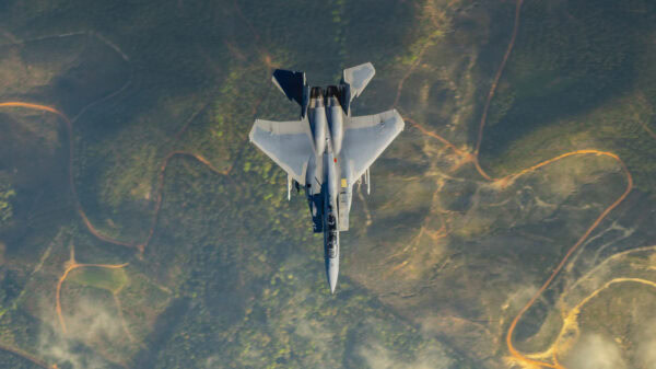 A U.S. Air Force F-15EX Eagle II assigned to Eglin Air Force Base, Florida, flies a training mission over southeast United States, March 23, 2026. The 96th Test Wing and 53rd Wing perform developmental and operational test series on the platform including next-generation survivability, radars, sensors and networking capabilities. (U.S. Air Force photo by Staff Sgt. Blake Wiles)