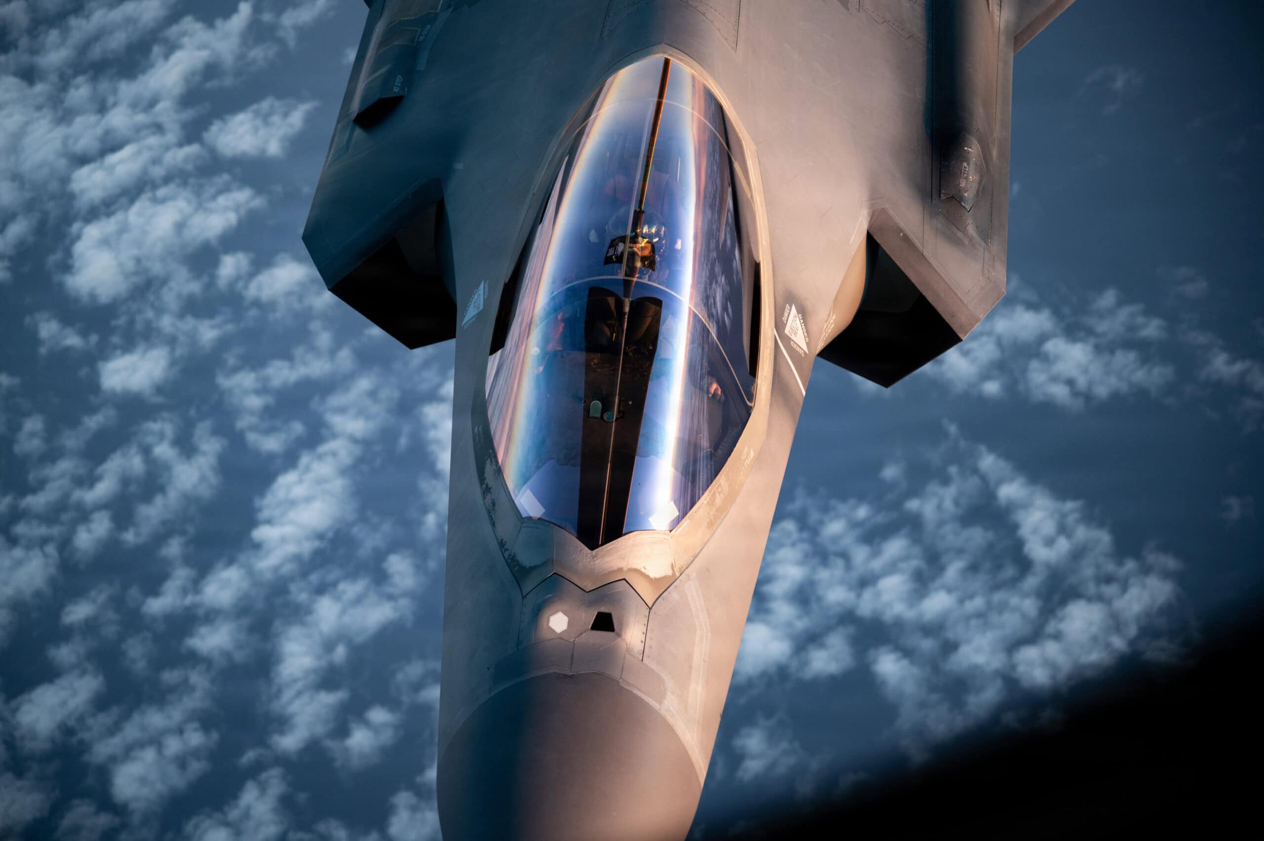 A U.S. Air Force KC-135 Stratotanker aircraft flies above a U.S. Air Force F-35A Lightning II aircraft during Operation Epic Fury in the U.S. Central Command area of responsibility April 5, 2026. (U.S. Air Force photo)