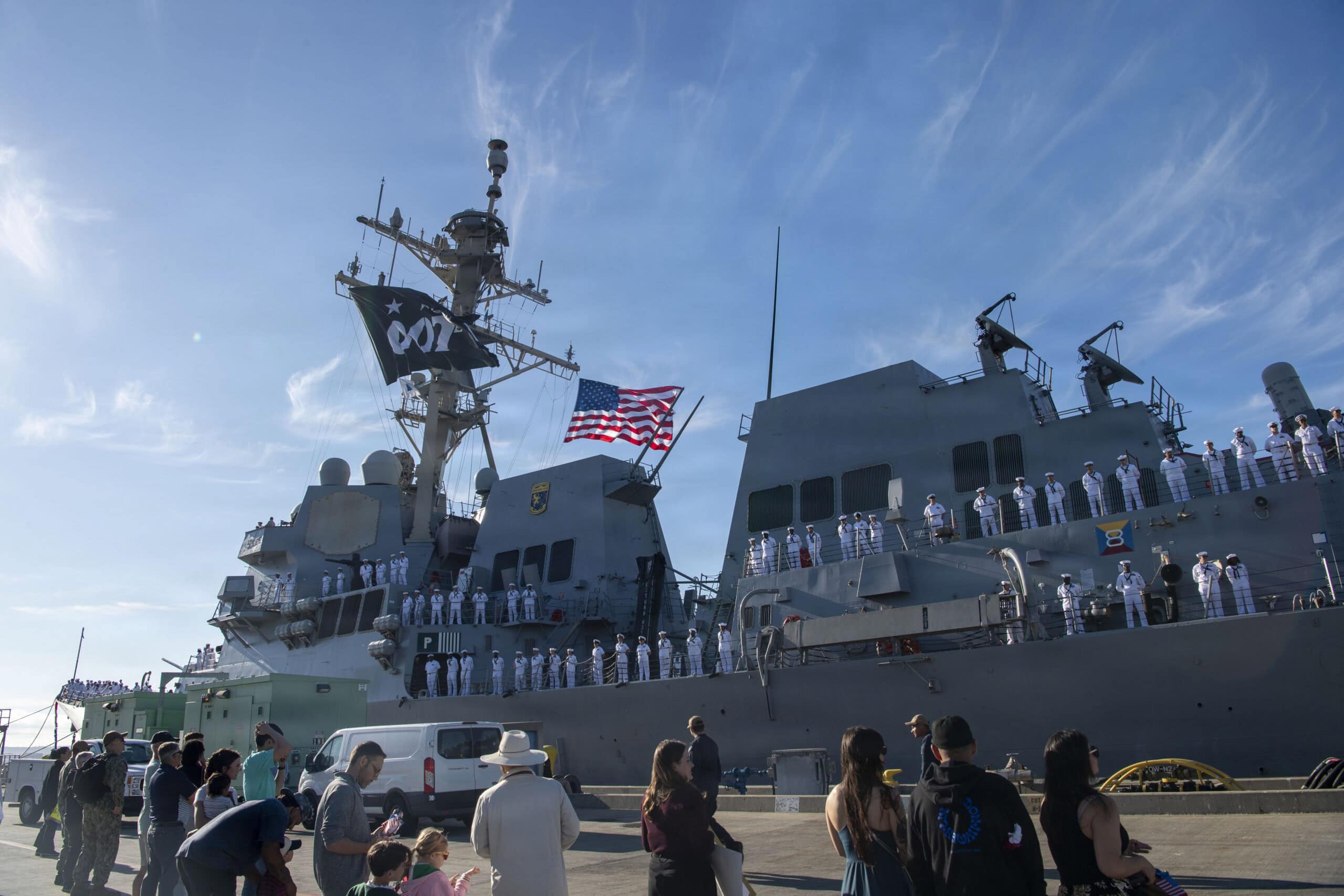 SAN DIEGO, Ca. (April 10, 2026) – Friends and family greet Arleigh Burke-class guided-missile destroyer USS Stockdale (DDG 106) from the pier, as the ship returns to its homeport of Naval Base San Diego following a seven-month underway to the U.S. 4th Fleet area of operations, April 10. Stockdale returns safely home having successfully carried out sustained operations at sea, maintaining peace through strength and sustaining credible deterrence alongside our allies and partners. (U.S. Navy Photo by Mass Communication Specialist 1st Class Sara Eshleman)