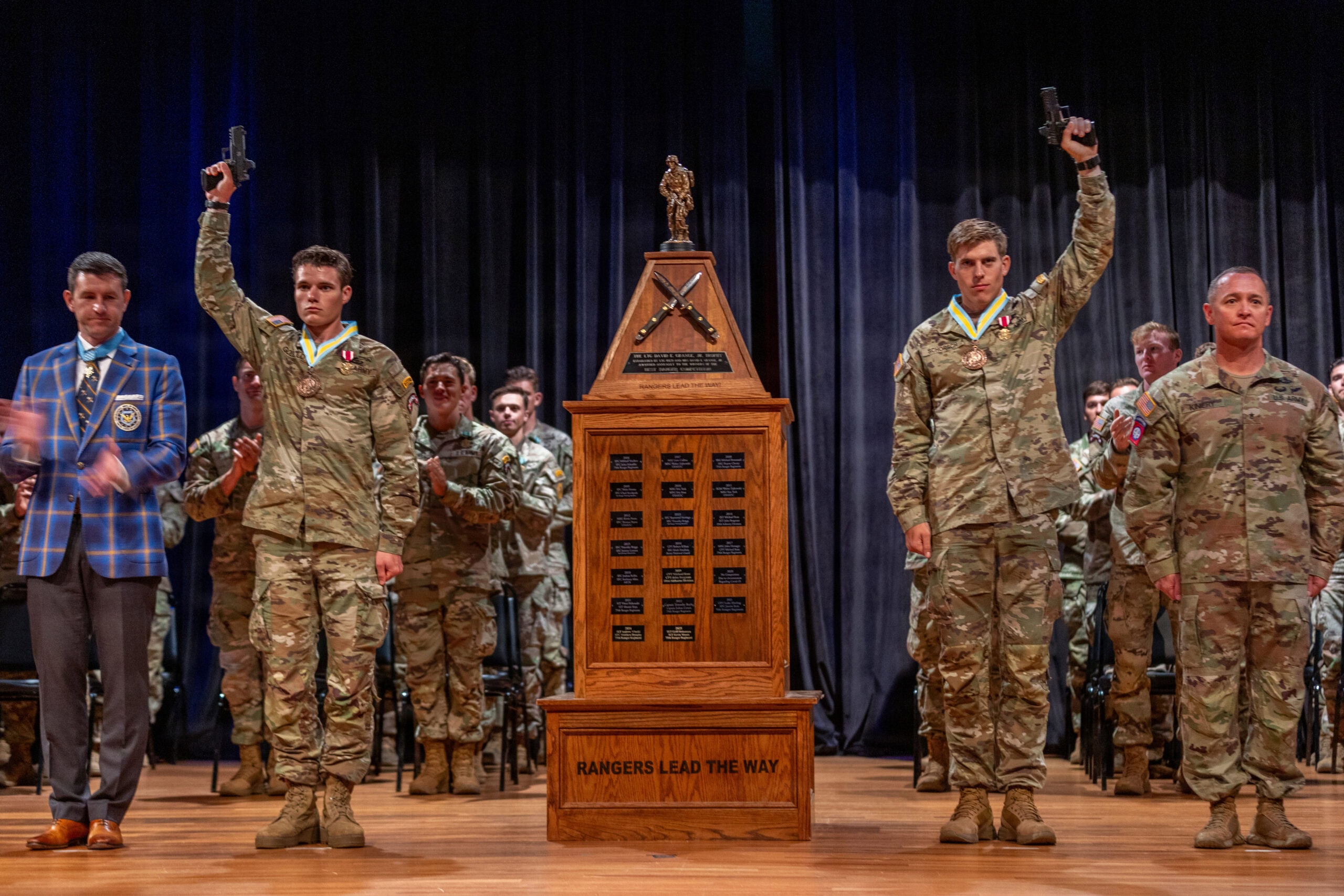 Medal of Honor Recipient Retired U. S. Army Sgt. Maj. Thomas “Patrick” Payne is the guest speaker at the 2026 Best Ranger Competition Awards Ceremony April 13, 2026, in Marshall Auditorium, on Fort Benning, Georgia. Sgt. Drew Schorsch and Spc. Caleb Godbold of team 49, representing the 75th Ranger Regiment, finished on top of the 61 teams that competed. (U.S. Army photo by Joey Rhodes II)