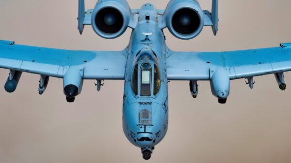 A U.S. Air Force A-10 Thunderbolt II conducts a combat air patrol over the U.S. Central Command area of responsibility, May 13, 2025. The A-10 Thunderbolt II can patrol over battle areas for extended periods of time and operate in low visibility conditions. (U.S. Air Force Photo by Staff Sgt. John C.B. Ennis)