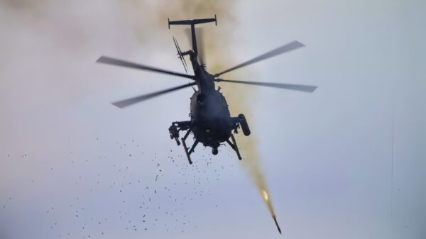 A U.S. Army AH-6 Little Bird in support of Marine Aviation Weapons and Tactics Squadron One (MAWTS-1) fires rockets at designated targets during an offensive air support exercise at Mt. Barrow, Chocolate Mountain Aerial Gunnery Range, Calif., April 5, 2016. The exercise is part of Weapons and Tactics Instructor (WTI) 2-16, a seven-week training event hosted by Marine Aviation Weapons and Tactics Squadron One (MAWTS-1) cadre. MAWTS-1 provides standardized tactical training and certification of unit instructor qualifications to support Marine Aviation Training and Readiness and assists in developing and employing aviation weapons and tactics. (U.S. Marine Corps photograph by SSgt. Artur Shvartsberg, MAWTS-1 COMCAM/Released)