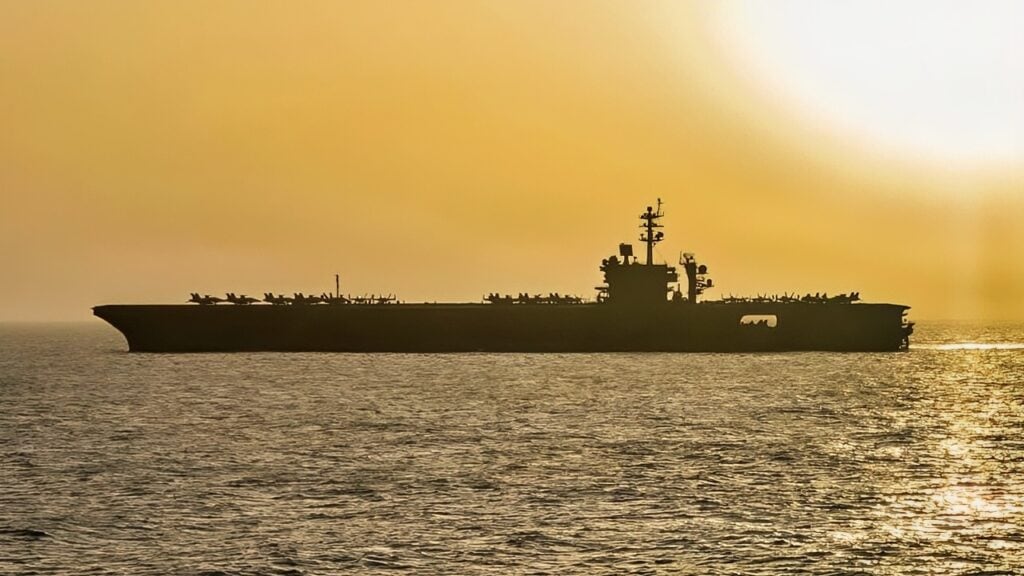 USS Abraham Lincoln (CVN 72) conducts U.S. blockade operations in the Arabian Sea, April 16. The ship's embarked carrier air wing includes eight F-35C stealth fighters, F/A-18 fighter jets, EA-18G electronic attack aircraft, E-2D command and control planes, MH-60 helicopters and CMV-22B Ospreys for logistics support. (U.S. Navy photo)