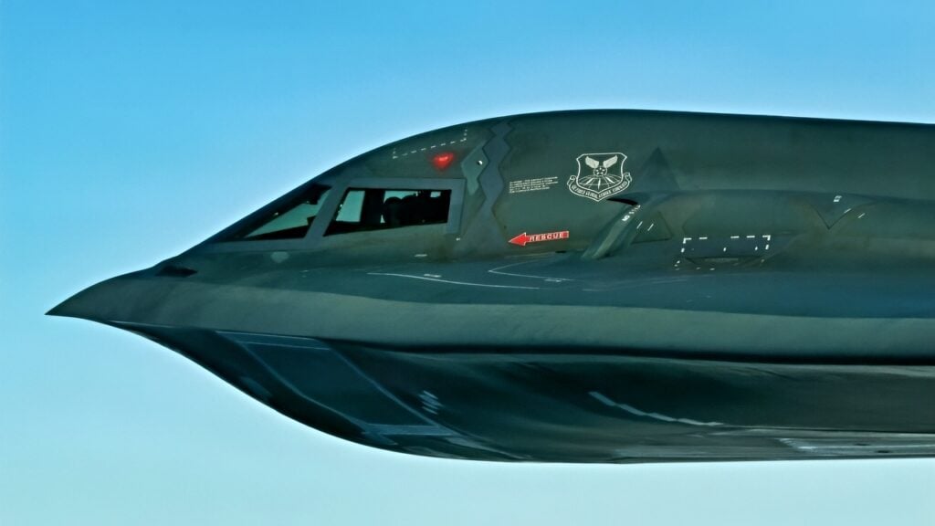 A U.S. Air Force B-2 Spirit conducts an integrated maritime strike training exercise with U.S. Navy F-35C Lightning II and F/A-18E Super Hornets from Carrier Air Wing Eleven (CVW-11) off the coast of California, on Feb. 10-11, 2026. Practicing innovative methods to employ and integrate strategic bombers like the B-2 with Navy carrier strike groups enhances combat capabilities through synchronized, integrated power projection. (U.S. Navy photo by Katie Archibald)