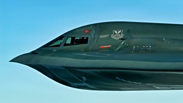 A U.S. Air Force B-2 Spirit conducts an integrated maritime strike training exercise with U.S. Navy F-35C Lightning II and F/A-18E Super Hornets from Carrier Air Wing Eleven (CVW-11) off the coast of California, on Feb. 10-11, 2026. Practicing innovative methods to employ and integrate strategic bombers like the B-2 with Navy carrier strike groups enhances combat capabilities through synchronized, integrated power projection. (U.S. Navy photo by Katie Archibald)