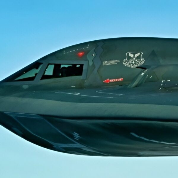 A U.S. Air Force B-2 Spirit conducts an integrated maritime strike training exercise with U.S. Navy F-35C Lightning II and F/A-18E Super Hornets from Carrier Air Wing Eleven (CVW-11) off the coast of California, on Feb. 10-11, 2026. Practicing innovative methods to employ and integrate strategic bombers like the B-2 with Navy carrier strike groups enhances combat capabilities through synchronized, integrated power projection. (U.S. Navy photo by Katie Archibald)
