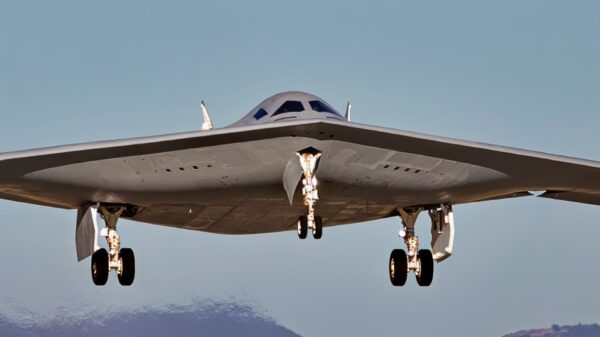 A second B-21 Raider test aircraft takes off, Sept. 11, from Palmdale, Calif., to join the Air Force’s flight test campaign at Edwards Air Force Base, Calif. The addition of the second test aircraft expands mission systems and weapons integration testing, advancing the program toward operational readiness. (Courtesy photo)