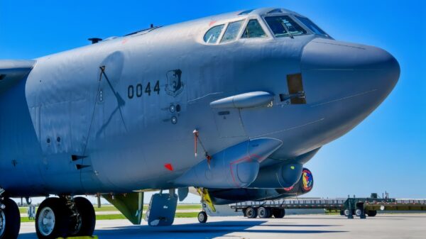 A B-52H Stratofortress sit parked on the flight line at Minot Air Force Base, North Dakota, Aug. 8, 2022. The B-52 is capable of dropping or launching gravity bombs, cluster bombs, precision-guided missiles and joint direct attack munitions. (U.S. Air Force photo by Airman Alysa Knott)