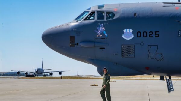 A B-52 Stratofortress from Barksdale AFB is parked on the flight line at Fairchild Air Force Base, Washington, Aug. 16, 2022. The B-52s landed at Fairchild to conduct their own Agile Combat Employment exercise creating more multi-capable Airmen ready to deploy anywhere, anytime. (U.S. Air Force photo by Staff Sgt. Lawrence Sena)