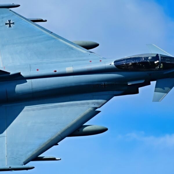 A German Air Force pilot, assigned to the German Air Force Weapons School, conducts strafing runs with an Eurofighter Typhoon in conjunction with U.S. Air Force Joint Terminal Attack Controller assigned to 2d Air Support Operations Squadron identifying targets on the ground at the 7th Army Training Command’s Grafenwoehr Training Area, Germany, June 9, 2021. (U.S. Army photo by Kevin Sterling Payne)