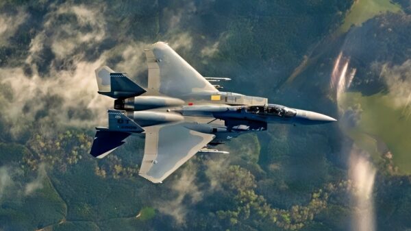 A U.S. Air Force F-15EX Eagle II assigned to Eglin Air Force Base, Florida, flies a training mission over southeast United States, March 23, 2026. The 96th Test Wing and 53rd Wing perform developmental and operational test series on the platform including next-generation survivability, radars, sensors and networking capabilities. (U.S. Air Force photo by Staff Sgt. Blake Wiles)