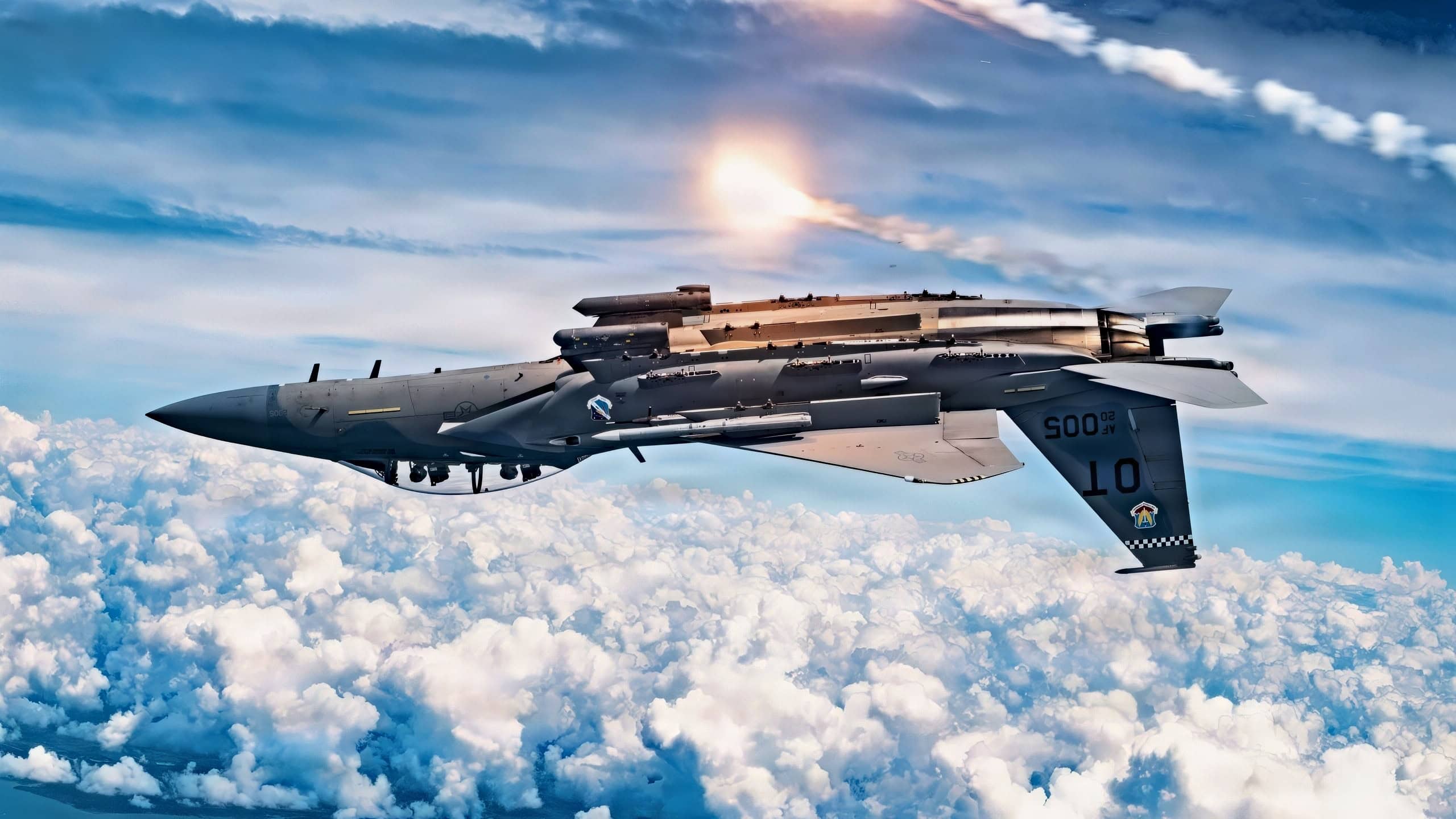 A U.S. Air Force F-15EX Eagle II assigned to Eglin Air Force Base, Florida, releases flares over the Gulf Coast, April 3, 2026. The 96th Test Wing and 53rd Wing perform developmental and operational test series on the platform including next-generation survivability, radars, sensors and networking capabilities. (U.S. Air Force photo by Tech Sgt Thomas Barley)