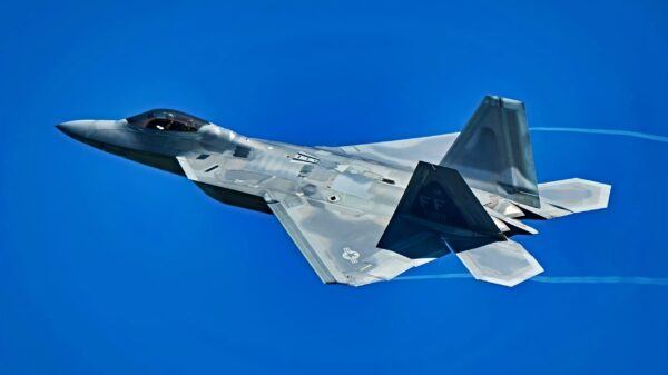An F-22 Raptor assigned to the 1st Fighter Wing, Joint Base Langley-Eustis, Va., takes off for a training mission during Northern Lightning, a training exercise held annually at Volk Field, Wisc., Aug. 12, 2020. This is the first time the 158th has participated in the exercise with the F-35s, which sees them working with F-22 Raptors assigned to the 1st Fighter Wing, Joint Base Langley-Eustis, Va., F/A-18E Super Hornets assigned to VFA-151, Naval Air Station Lemoore, Calif., F-16 Falcons assigned to the Wisconsin National Guard, as well as T-38 Talons and L-159Es from Draken International acting as aggressor aircrafts conducting simulated combat missions in a joint-service environment. (U.S. Air National Guard photo by Airman 1st Class Jana Somero)